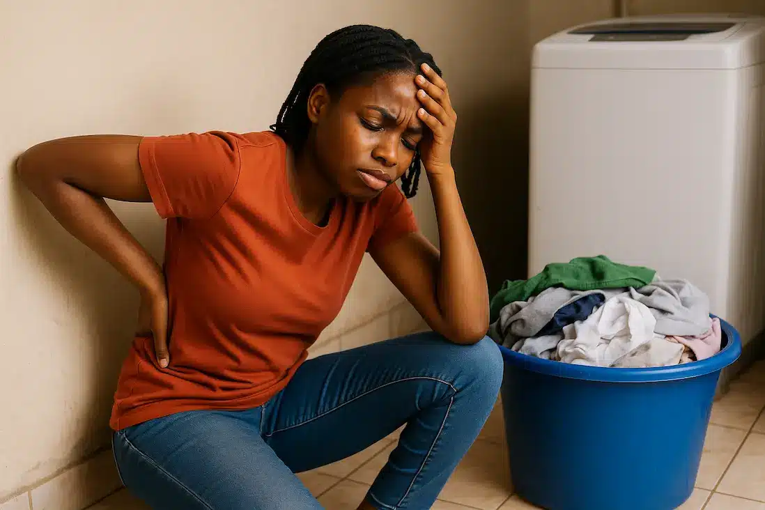 A tired Nigerian young professional sitting beside a bucket of laundry, holding their lower back or looking overwhelmed.